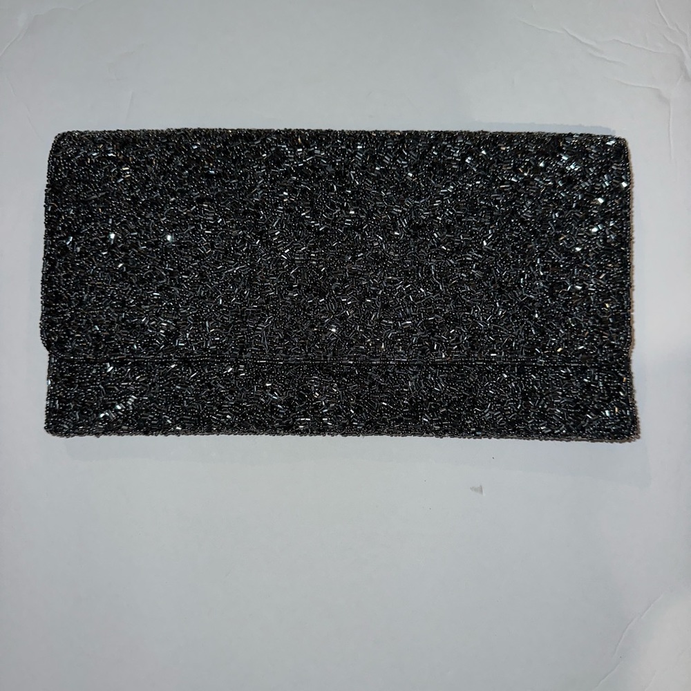 Moyna Couture Extra Large Beaded Clutch with shoulder strap in Pewter. NWOT